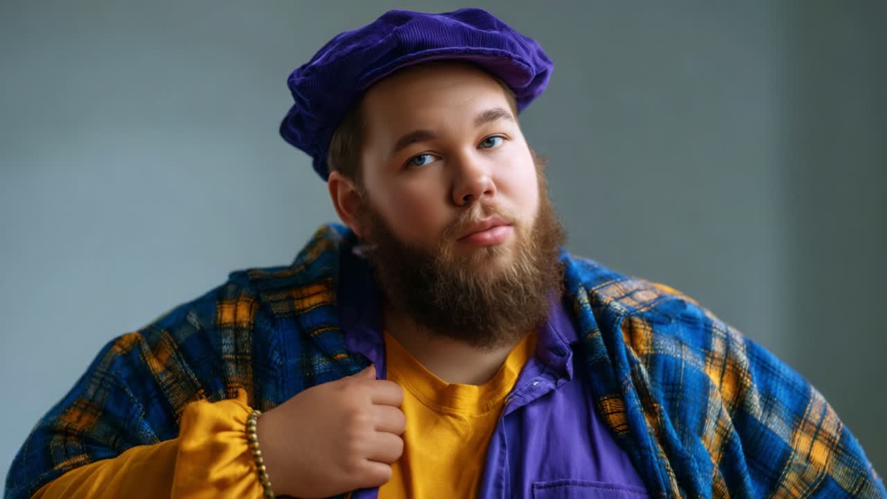 A Portrait of a Young Man in Colorful Layers, Exuding Style and Confidence While Posing in a Serene Environment, Capturing Unique Expressions and Fashion Choices