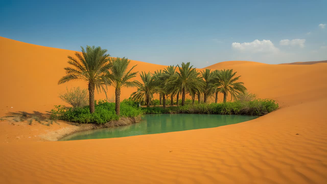 Spostamento della camera che si avvicina all'oasi nel deserto, rivelando lo stagno turchese e i dettagli del palmeto