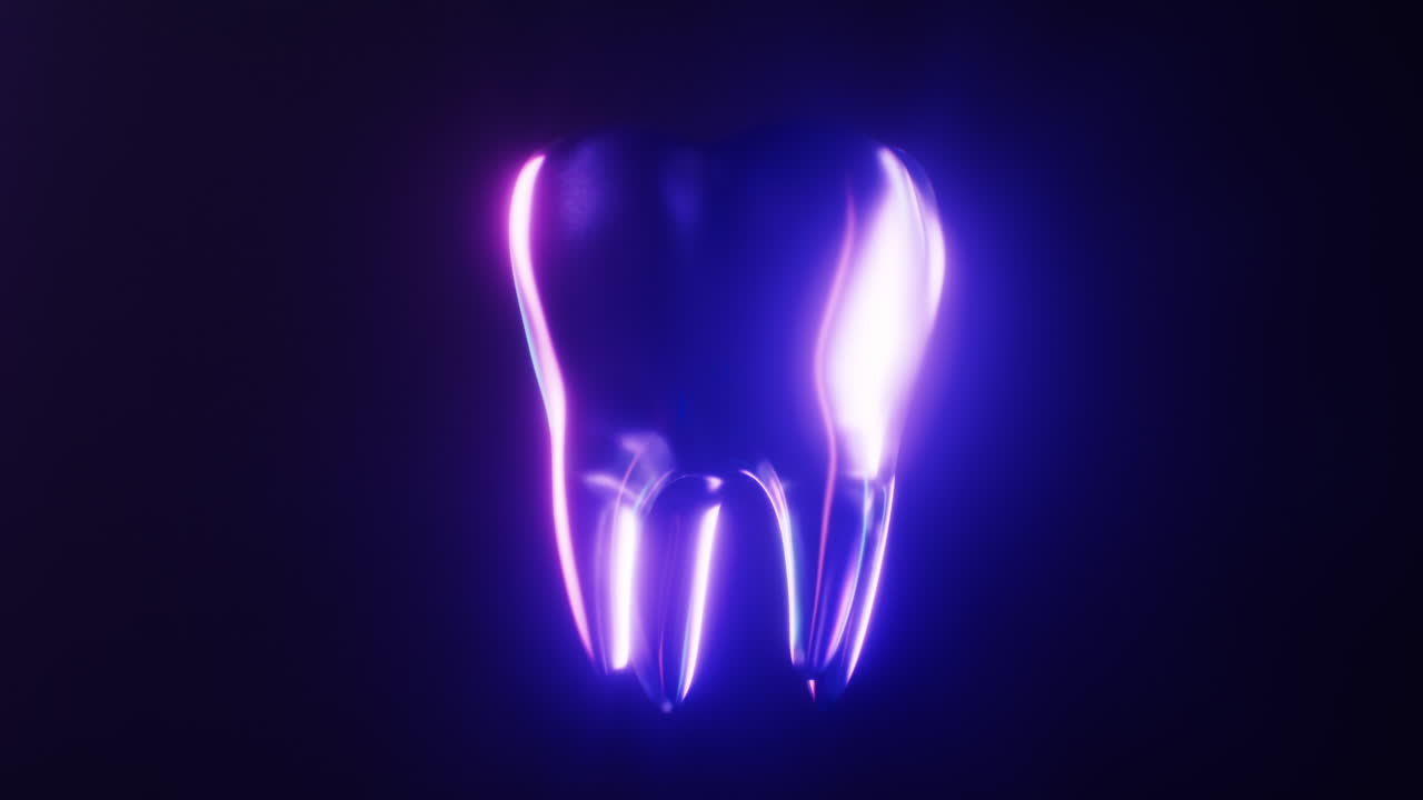 animación en bucle de un diente con efecto de luz de neón oscuro, renderización en 3d.