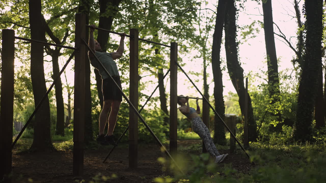 People doing pull-ups in a park