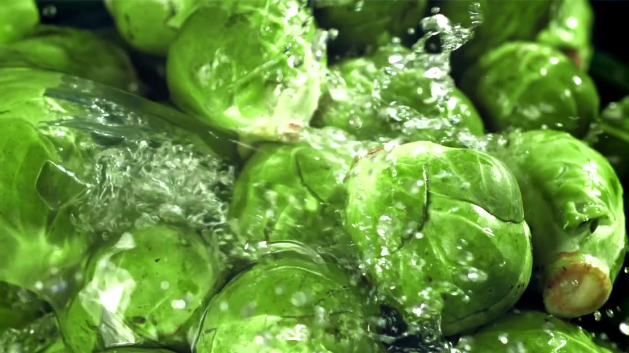 Couves de Bruxelas frescas sendo lavadas com água em câmera lenta