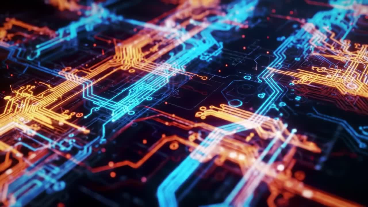 Futuristic Circuitry: A Close-Up Exploration of Vibrant Electric Paths and Complex Patterns Unveiling the Intricacies of Modern Technological Designs