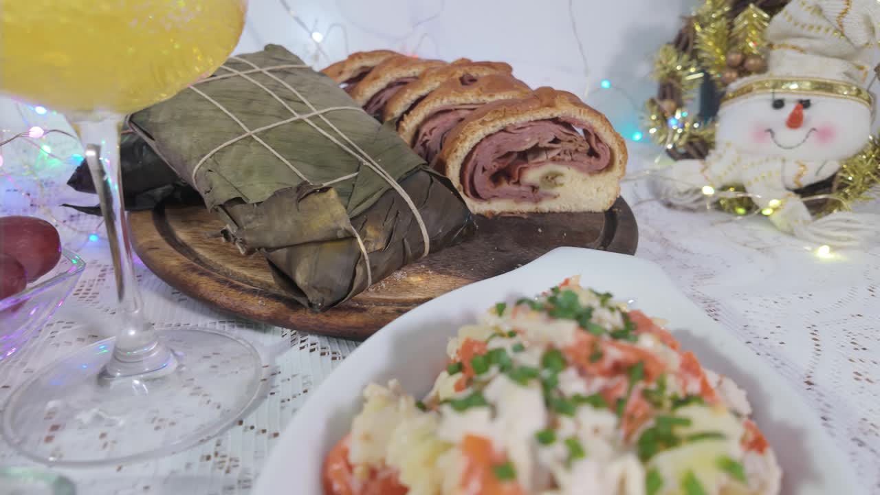 Cinematic forward movement approaching a festive Venezuelan feast, capturing the essence of holiday traditions and heritage