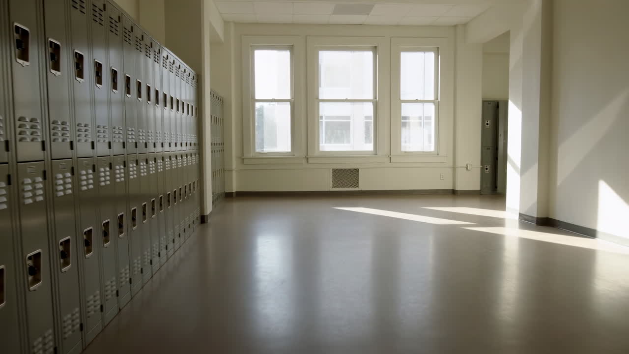 Empty School Hallway with Lockers and Sunlight from Windows