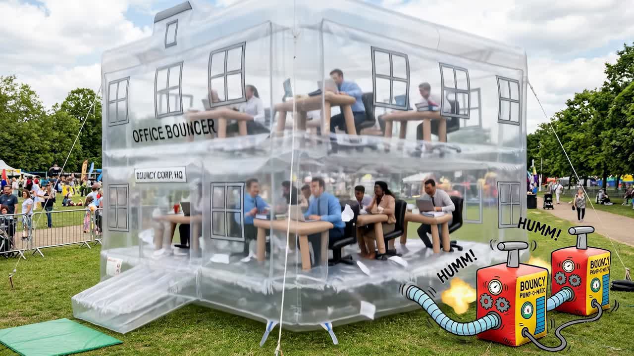 People Working in a Bouncing Inflatable Office Building Outdoors