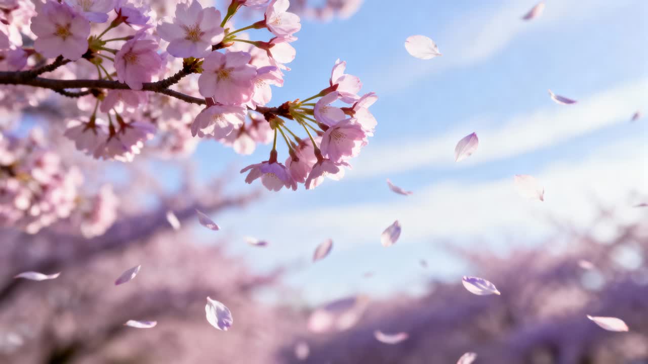 Drifting petals, breeze sending them across cherry grove, pink cluster staying sharp, copy space