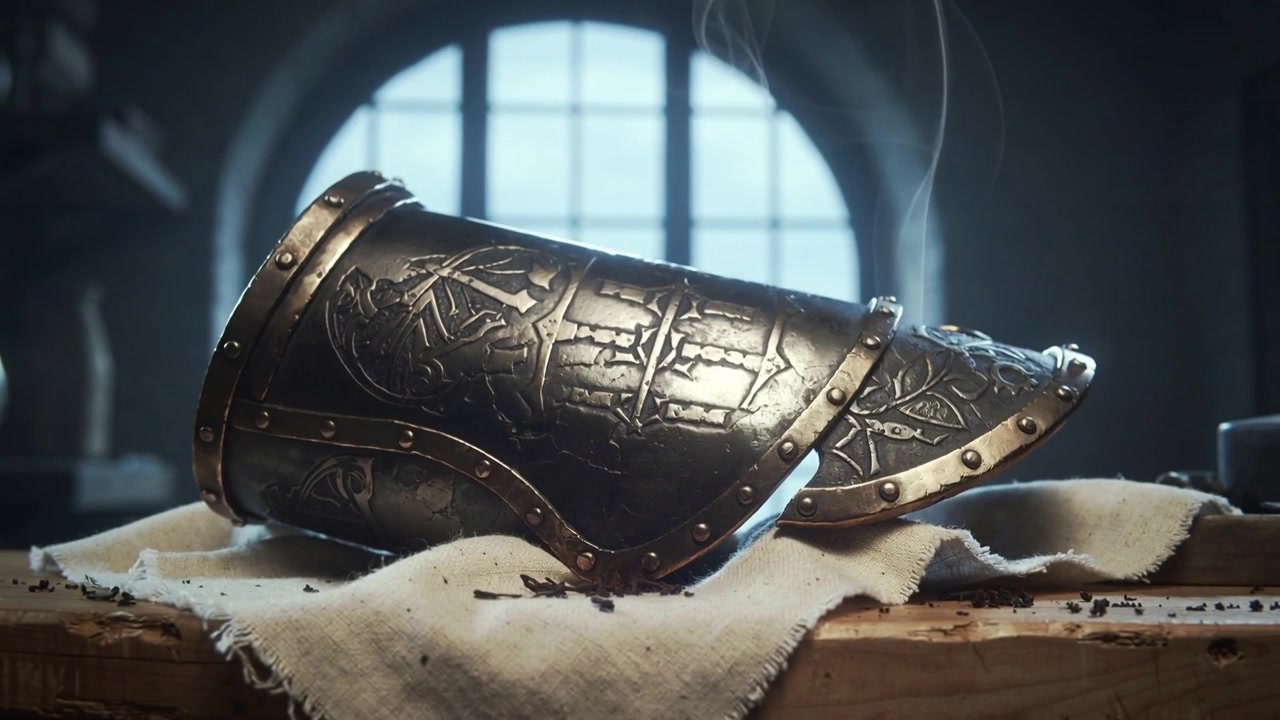 Un bracciale metallico ornato che si sposta e si inclina su una panca coperta di stoffa, rilasciando fumo su trucioli di metallo.