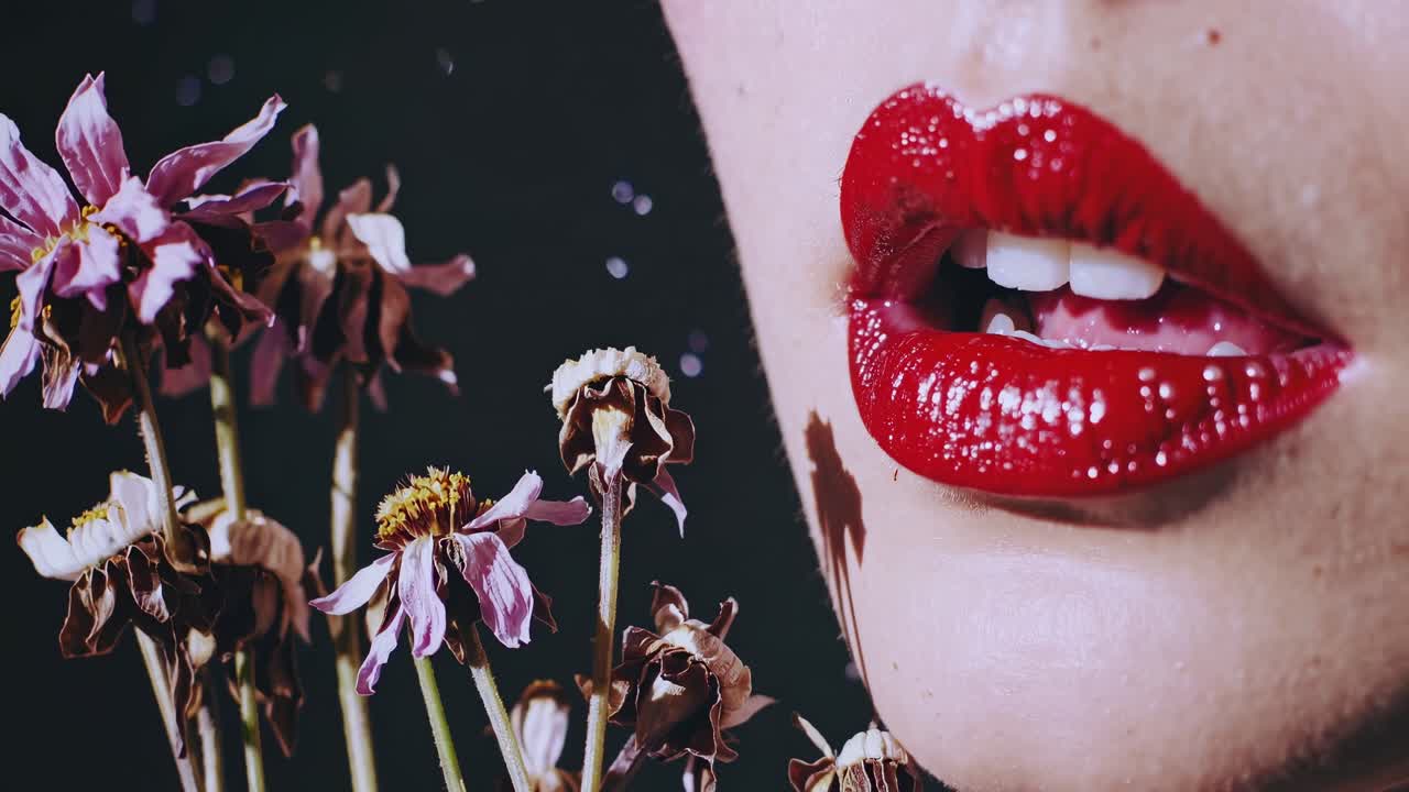 Woman's lips with vibrant red lipstick juxtaposed with wilting flowers, creating a striking visual contrast that evokes themes of beauty, decay, and the ephemeral nature of life
