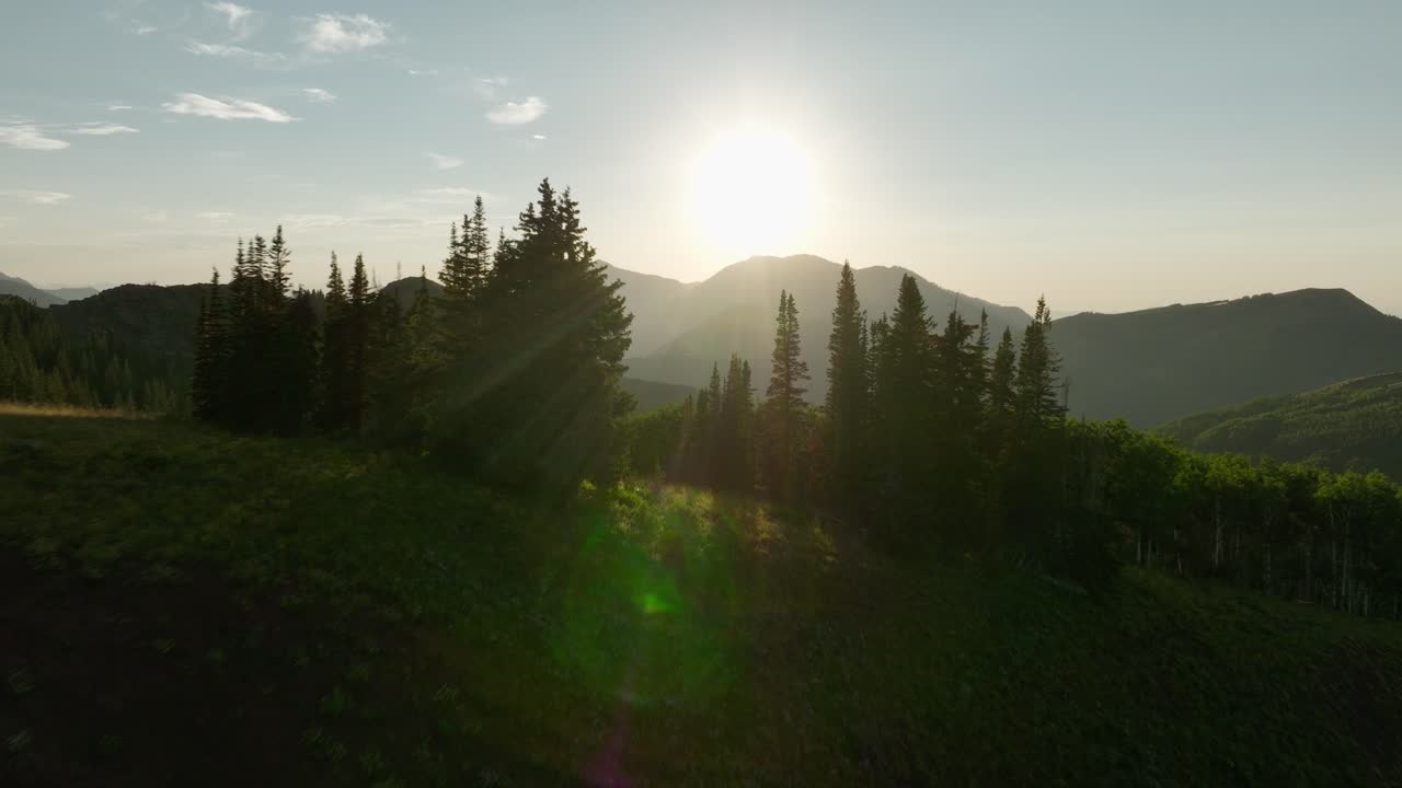 일몰-1의 오지 산맥과 숲 위의 공중