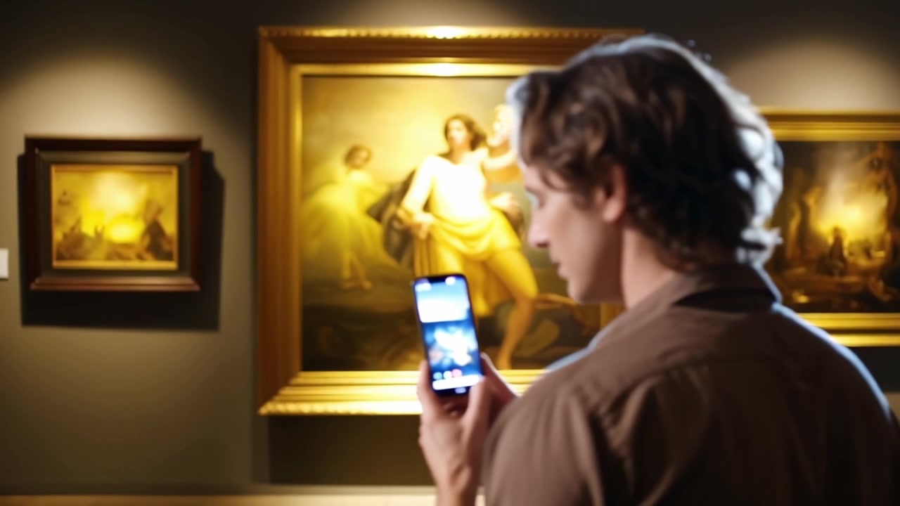 Young Man Photographs Painting with Smartphone in Art Gallery
