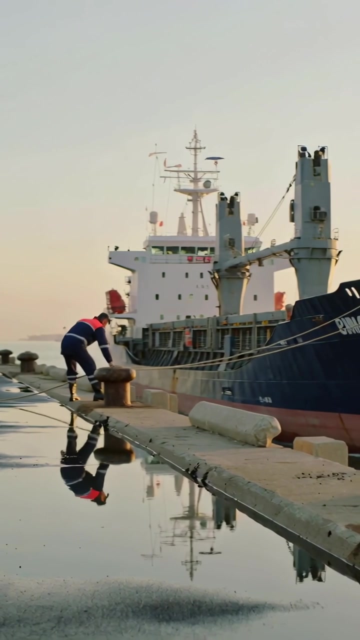 Vertical video: Walking crew during berthing securing mooring line to bollard on quay in red hi-vis