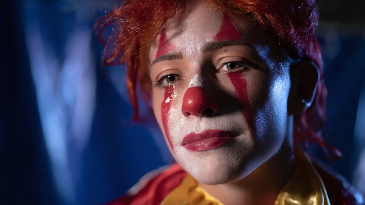 A poignant moment captured in the life of a clown, showcasing deep emotion and vulnerability beneath the vibrant makeup and joyful persona, reflecting inner struggles