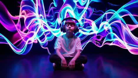 a boy listening to music in neon light