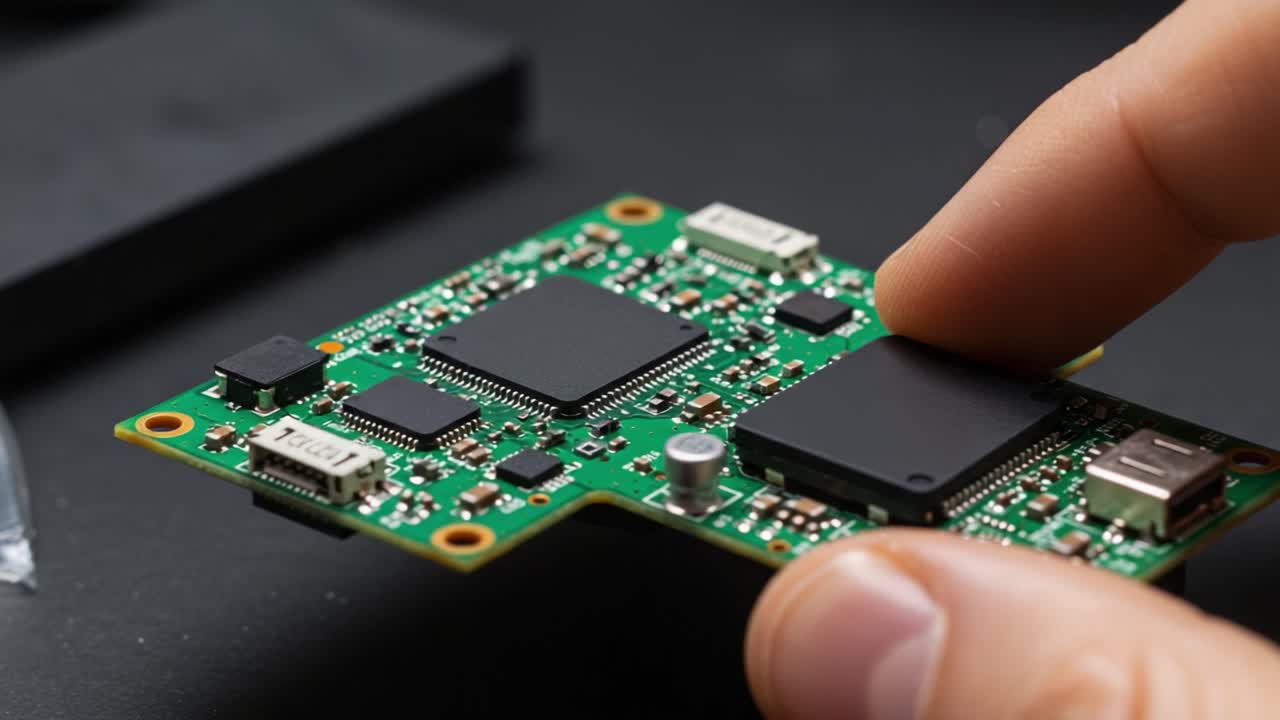 Close-Up of a Person Holding an Electronic Circuit Board with Microchips and Components, Highlighting the Intricate Design and Advanced Technology in Circuitry