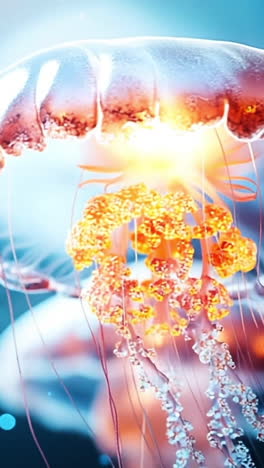 vibrant jellyfish in deep sea. jellyfish glide gracefully through deep blue waters, glowing softly with vibrant colors under filtered light.