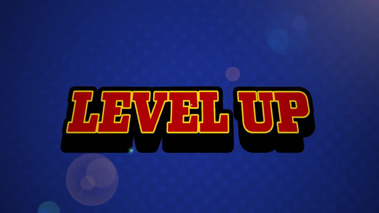Animation vintage video game screen with words level up written
