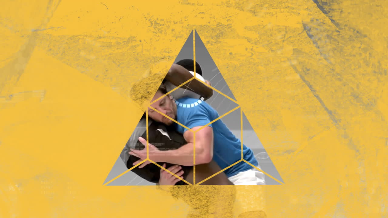 Animation with geometric shapes overlaying people embracing in dynamic school scene