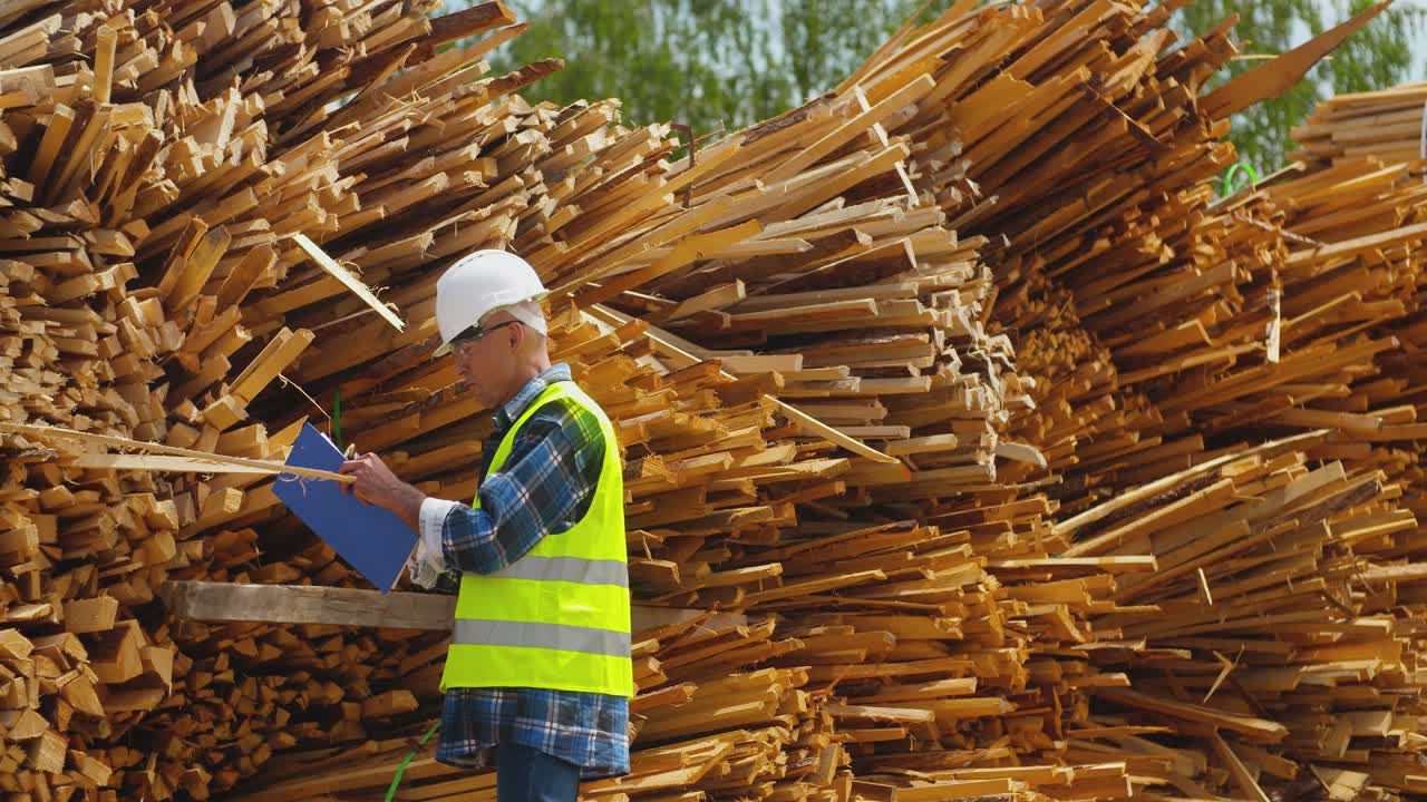 trabajador masculino examinando la pila de tablones 16