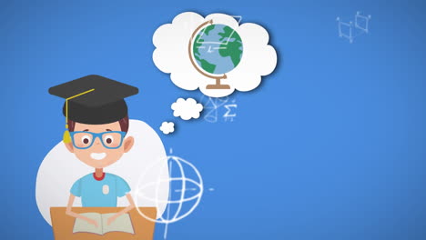 icono de niño graduado con iconos cambiantes en la burbuja de habla contra diagramas matemáticos flotantes