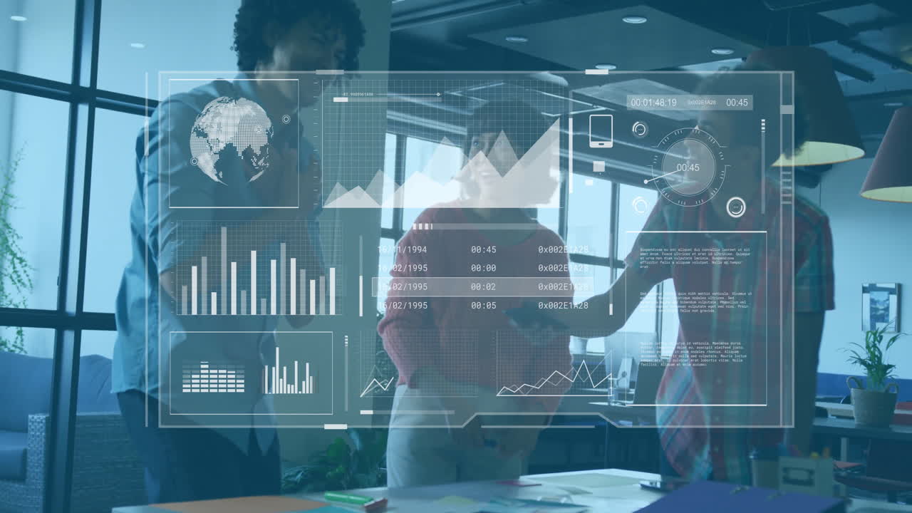 Business data analytics animation over diverse team collaborating in modern office