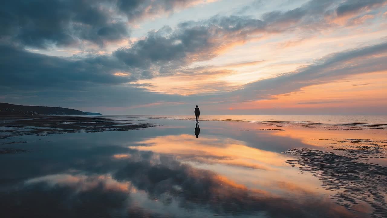 Sunset reflection on the water with a lone figure by the shore