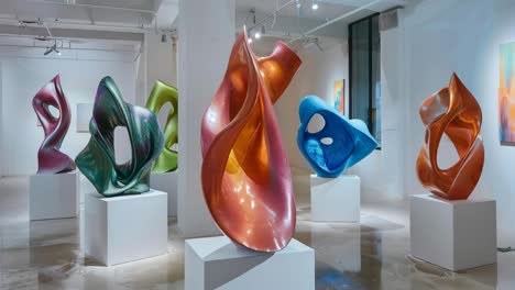 modern abstract sculptures in an art gallery