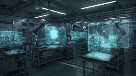 advanced robotics laboratory featuring high-tech automation and interactive holographic displays for efficient workflows and innovative engineering solutions