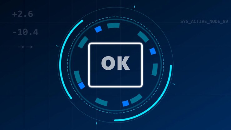 Interfaccia digitale che visualizza lo stato 'OK' con HUD circolare rotante