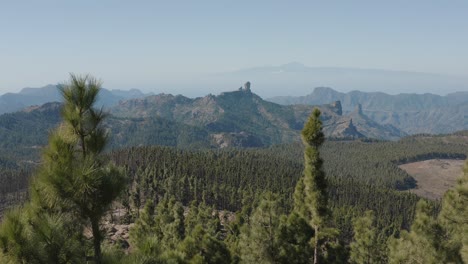 Wunderschöne-Drohnenaufnahme-Eines-Bergpanoramas-Mit-Wald-Vom-Pico-De-Las-Nieves-Bis-Zum-Roque-Nublo,-Gran-Canaria