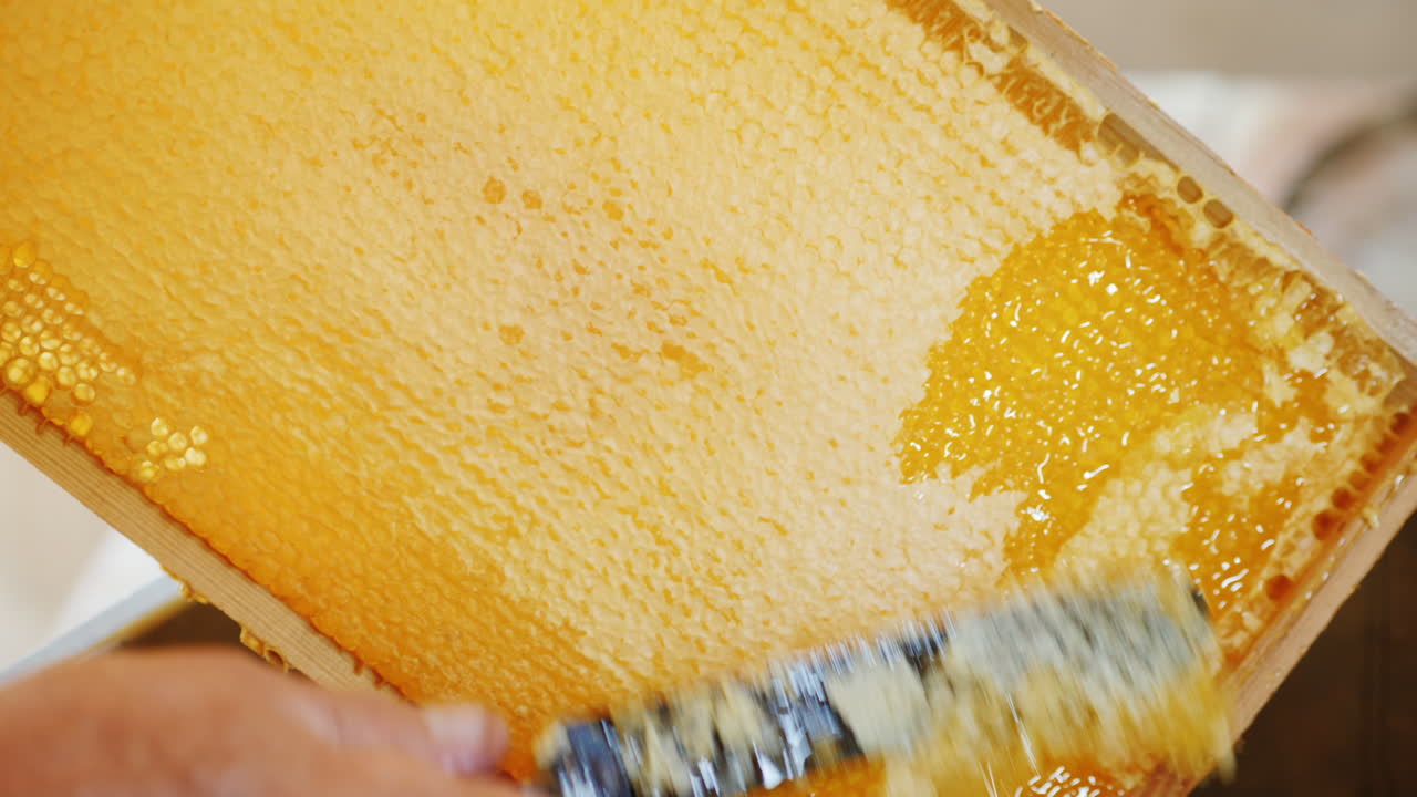 un primer plano de un cuchillo abre un panal con miel en un marco hecho de tecnología de producción de miel de colmena