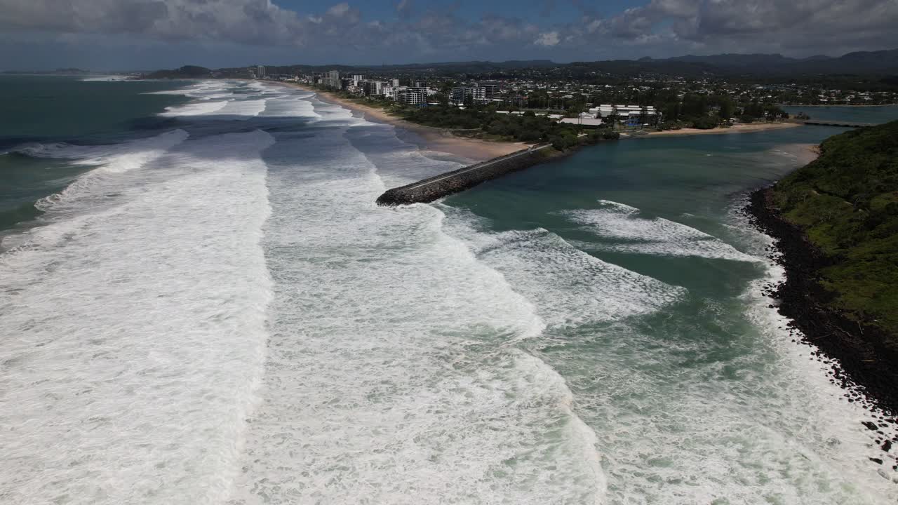 Foamy White Waves At The Mouth Of Tallebudgera Creek - Cyclone Alfred In Gold Coast, QLD, Australia. - aerial shot