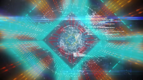 Digital globe surrounded by network connections and data processing animation