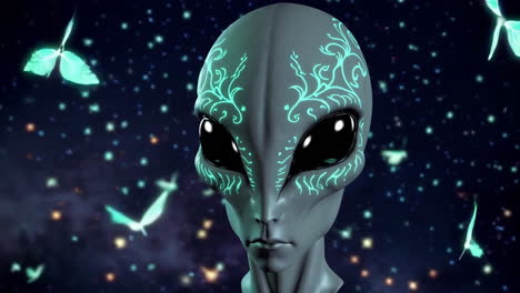 alien portrait in space with butterflies