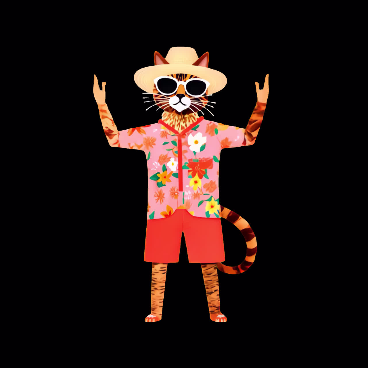 Stylish cat in tropical attire animation isolated asset, transparent 4K video, alpha channel, ProRes