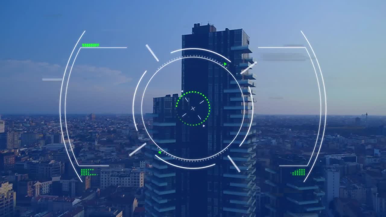 Animazione di reticolo e elaborazione dati su paesaggio urbano