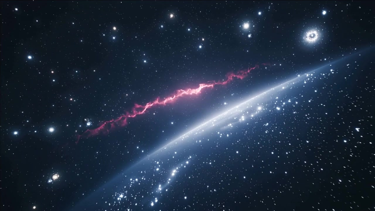 Inquadratura panoramica che esplora una banda blu e una nebulosa rosa che fluttuano tra le stelle, vicino a una galassia a spirale e un anello.