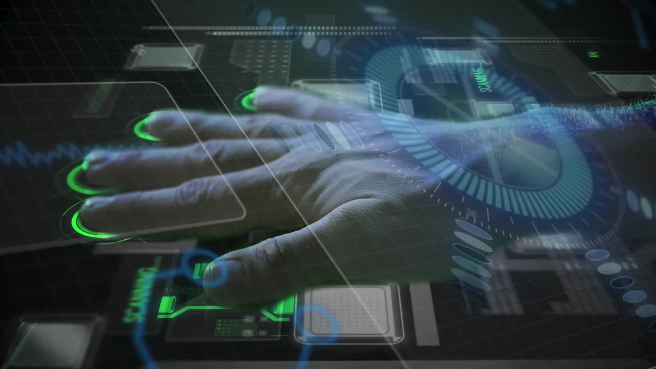 Animation of caucasian man scanning hand with hud processing on digital interface