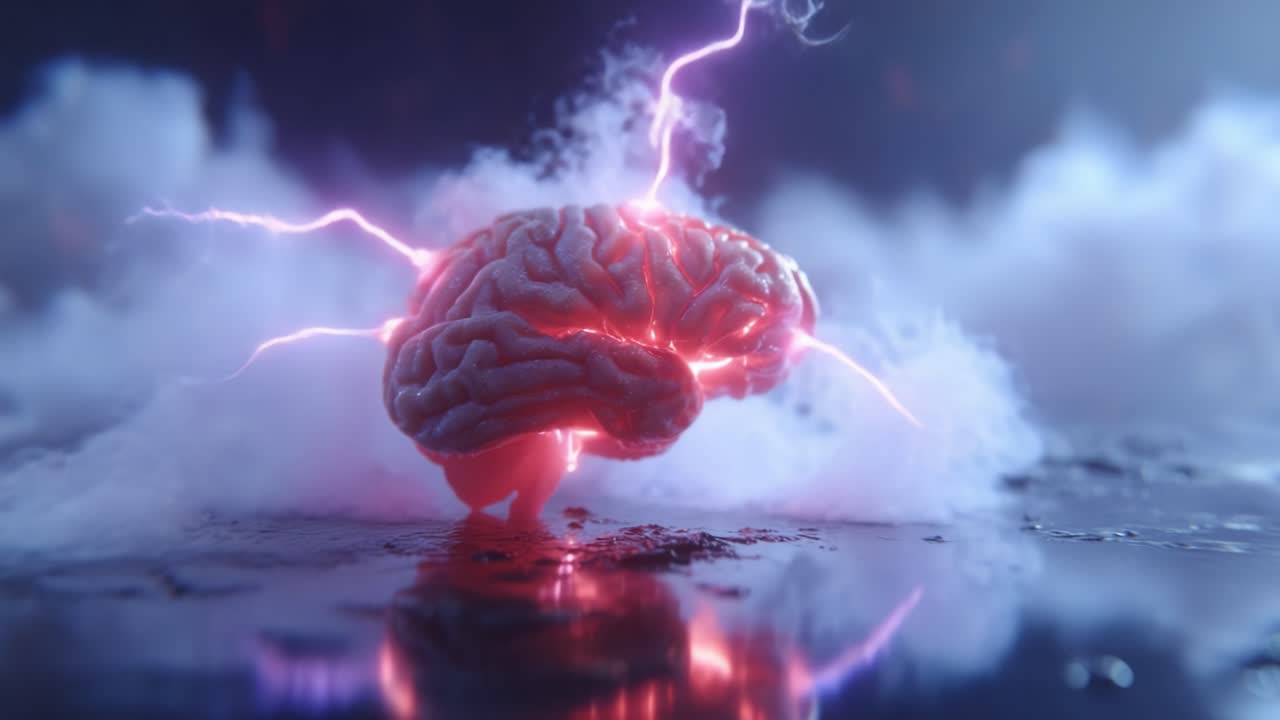 Una visualizzazione dinamica di un cervello circondato da nuvole eteree e correnti elettriche, che rappresenta la vitalità e l'energia dell'attività neurale in una straordinaria opera di arte digitale.