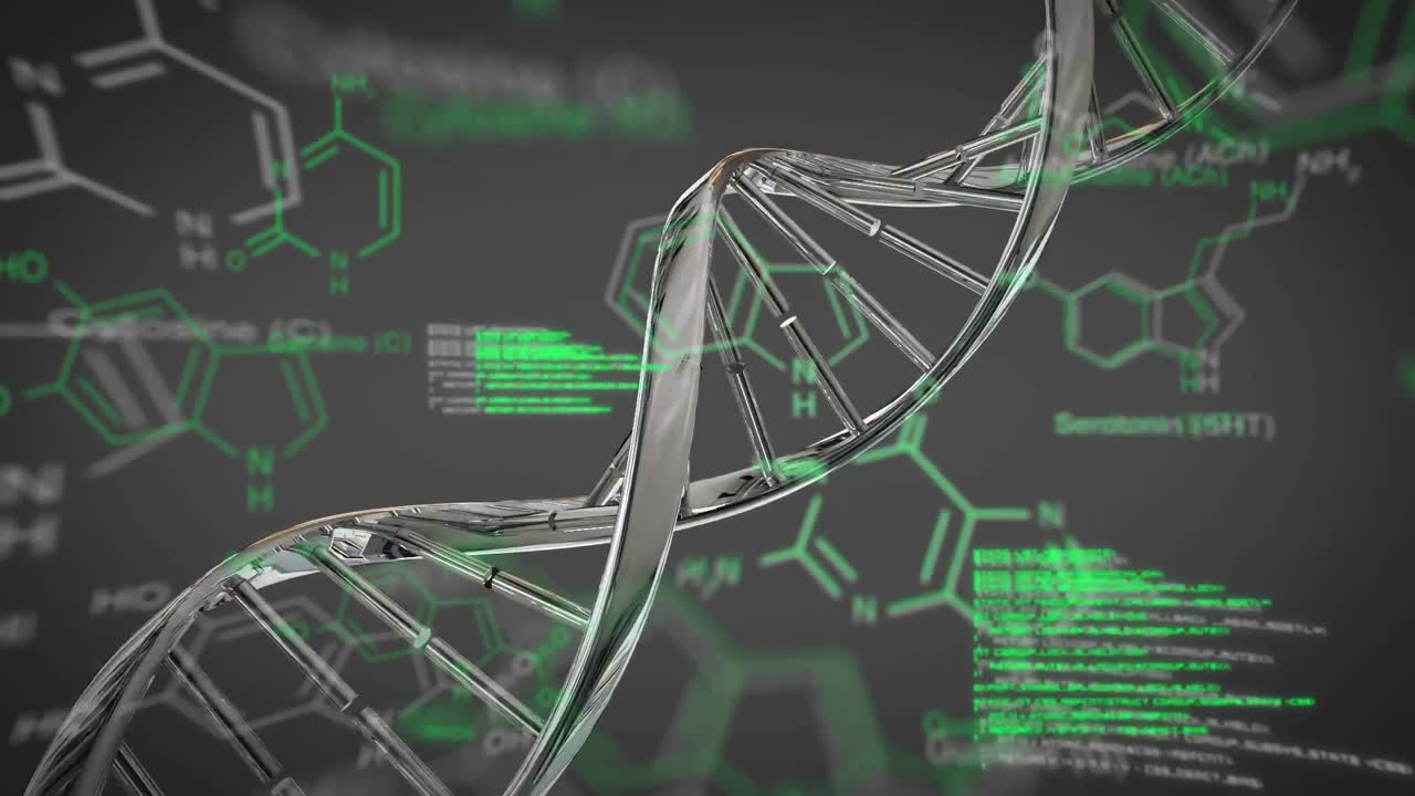 어두운 배경에 표시된 움직이는 dna, 텍스트 및 디지털 데이터