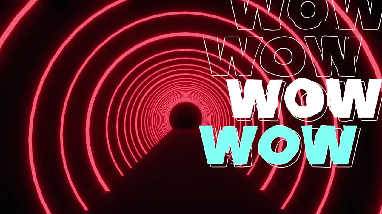 animación del texto wow sobre el túnel de neón sobre fondo negro