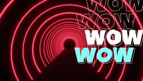 Animation-of-wow-text-over-neon-tunnel-on-black-background