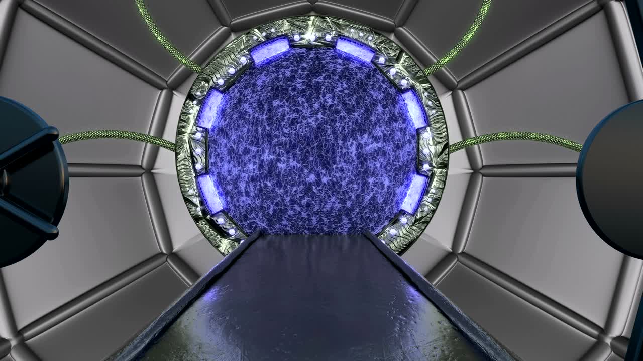 vista panorámica de la escena del paisaje de la estación. fondo abstracto 3d de corredor de ciencia ficción con portal. tecnología futurista abstracto vj sin costuras para títulos tecnológicos y fondo.