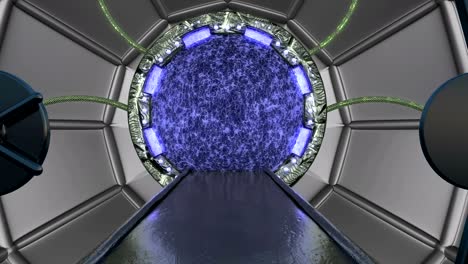 panoramic view to the station landscape scene. 3d abstract background of sci-fi corridor with portal. futuristic technology abstract seamless vj for tech titles and background.