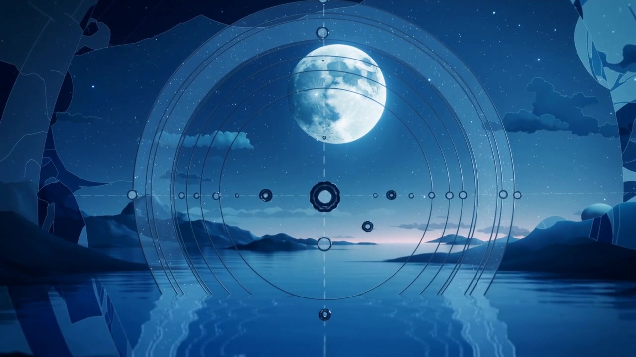 Initiating HUD overlay, full moon and HUD rings aligning above lake, sending marker to water
