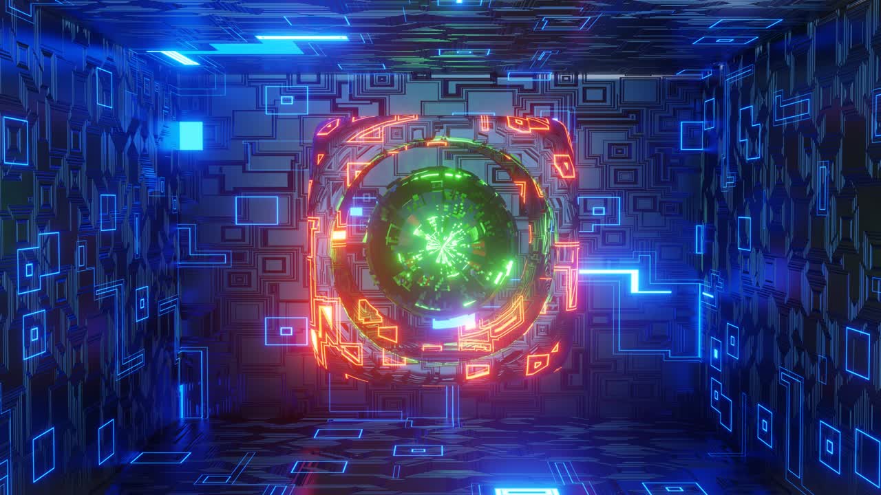Animazione 3D 4K. Oggetto sci-fi con energia luminosa al centro. Sfera metallica in rotazione
