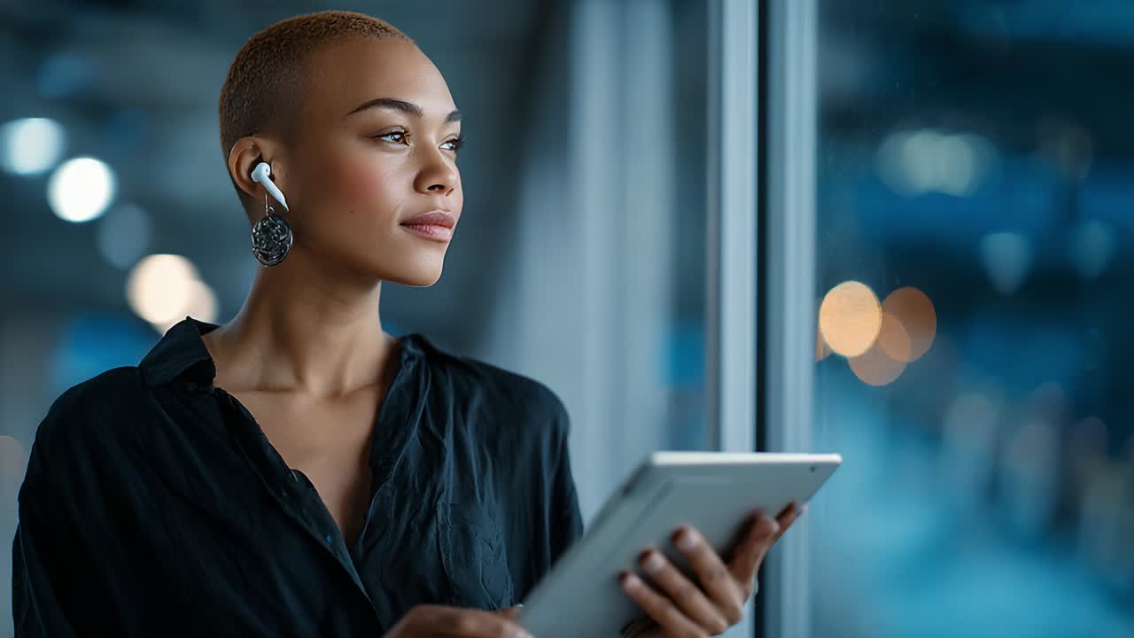 A thoughtful young woman with short hair, wearing earbuds, gazes out of a window while holding a tablet, immersed in her thoughts in a modern, softly lit environment, embodying a blend of technology and focus