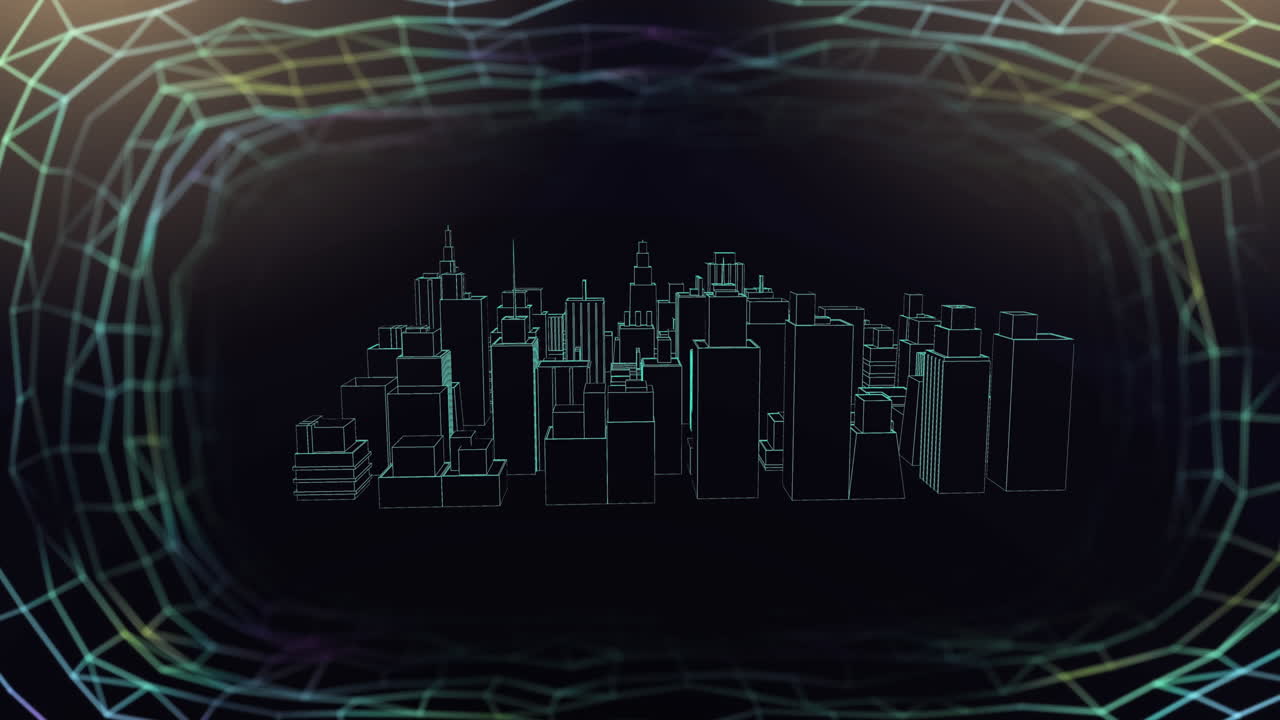 Animation of network of connections over 3d spinning city model on black background