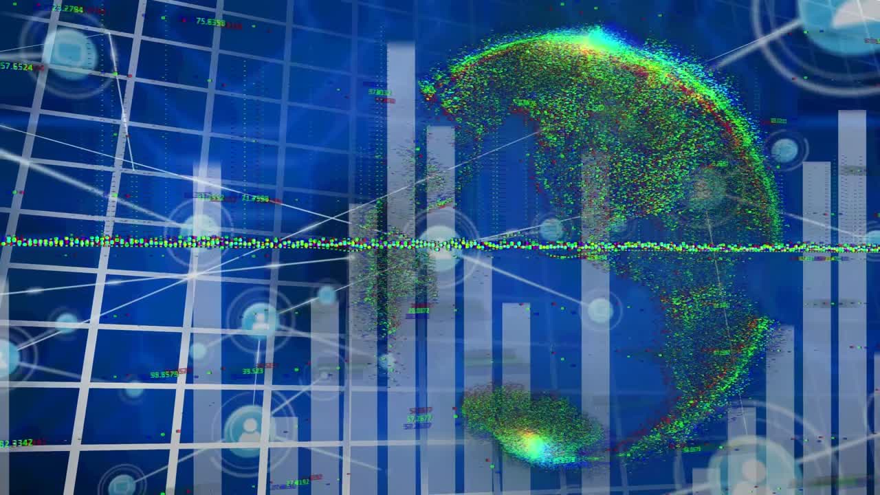 animación de gráficos, globos y conexiones sobre fondo azul