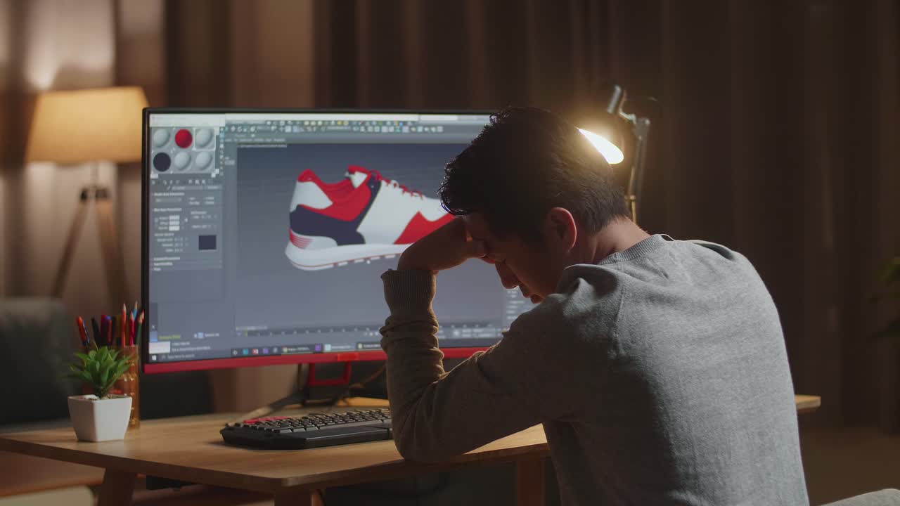 diseñador trabajando en un modelo de zapato 3d en casa