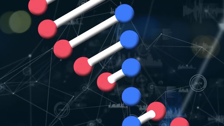 Animation of dna structure spinning over network of connections and data processing